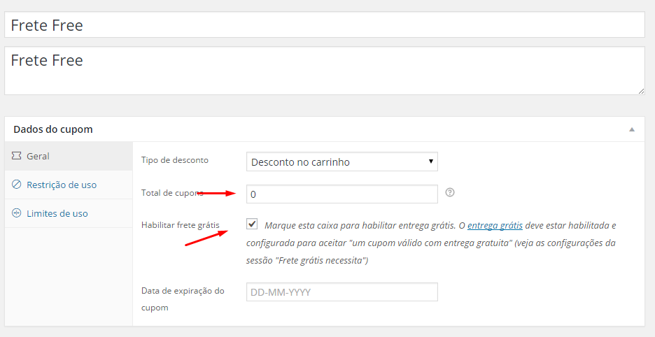 Cupom com frete grátis
