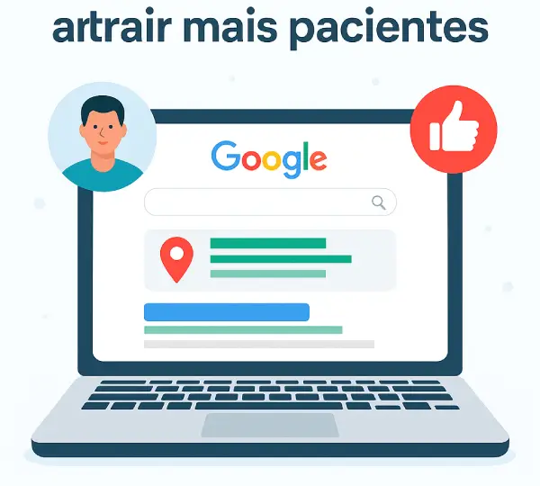 Médica ao lado de tela com resultados do Google Maps e ficha de perfil otimizado no Google Meu Negócio, representando a presença digital de consultórios médicos.